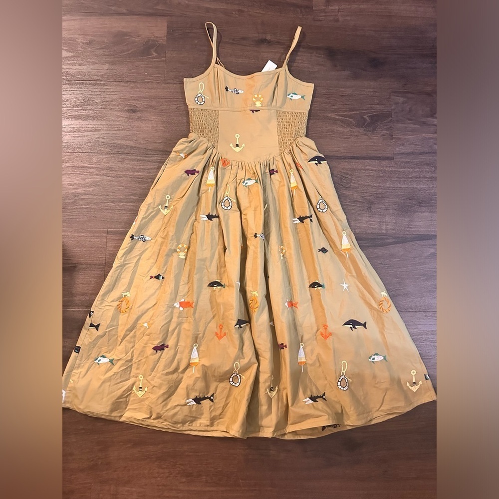 NWT! Maeve Sleeveless Square-Neck Drop-Waist Midi Dress Fish Embroidered 🖼️🎢 - Picture 4 of 5